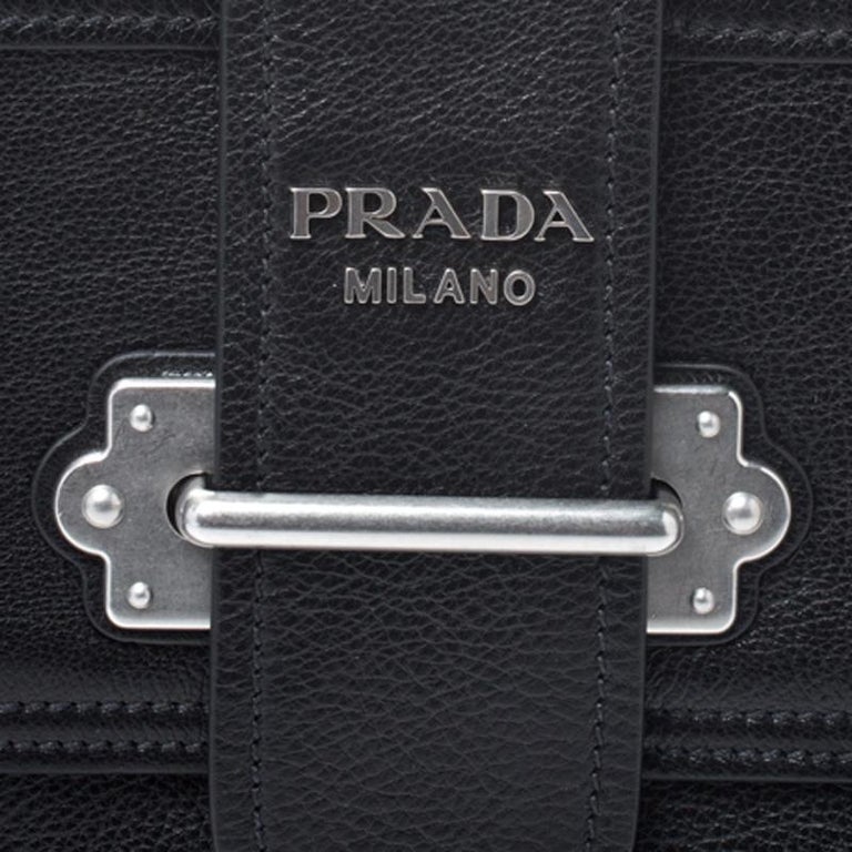 Prada Black Soft Leather Large Cahier Top Handle Bag For Sale at