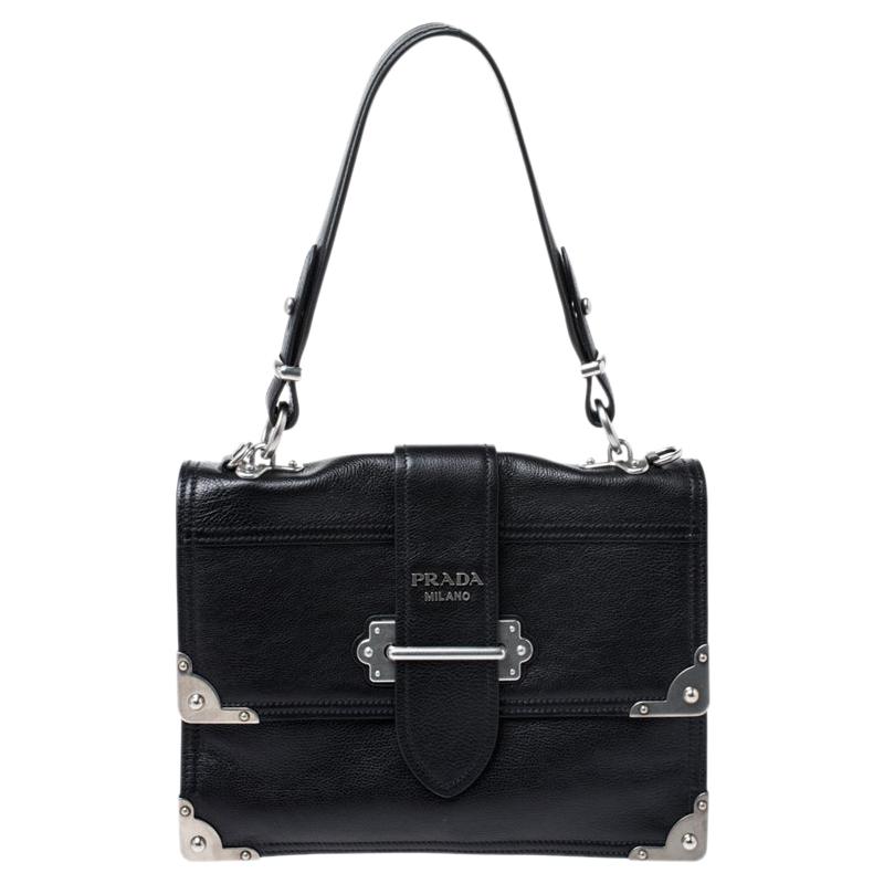 Prada Black Soft Leather Large Cahier Top Handle Bag For Sale at