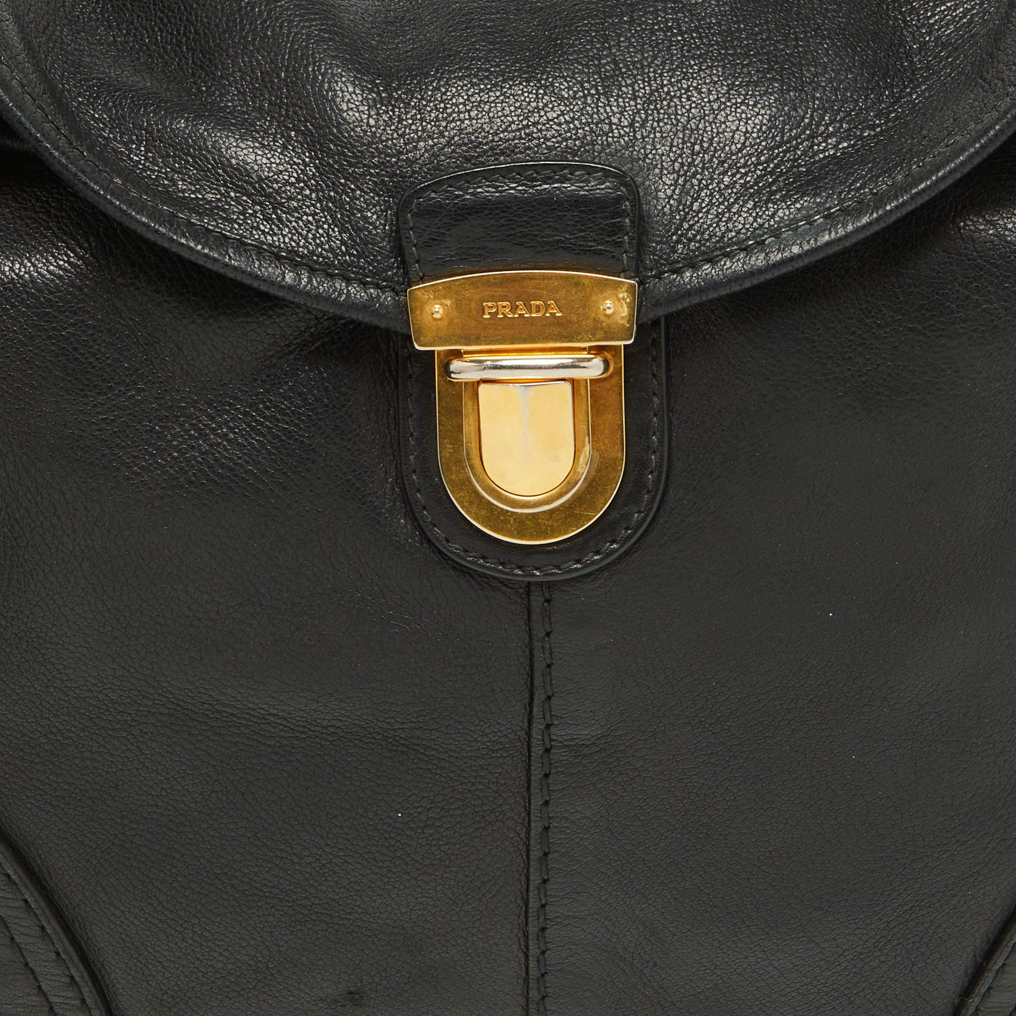 Prada Black Soft Leather Pushlock Flap Hobo For Sale 1