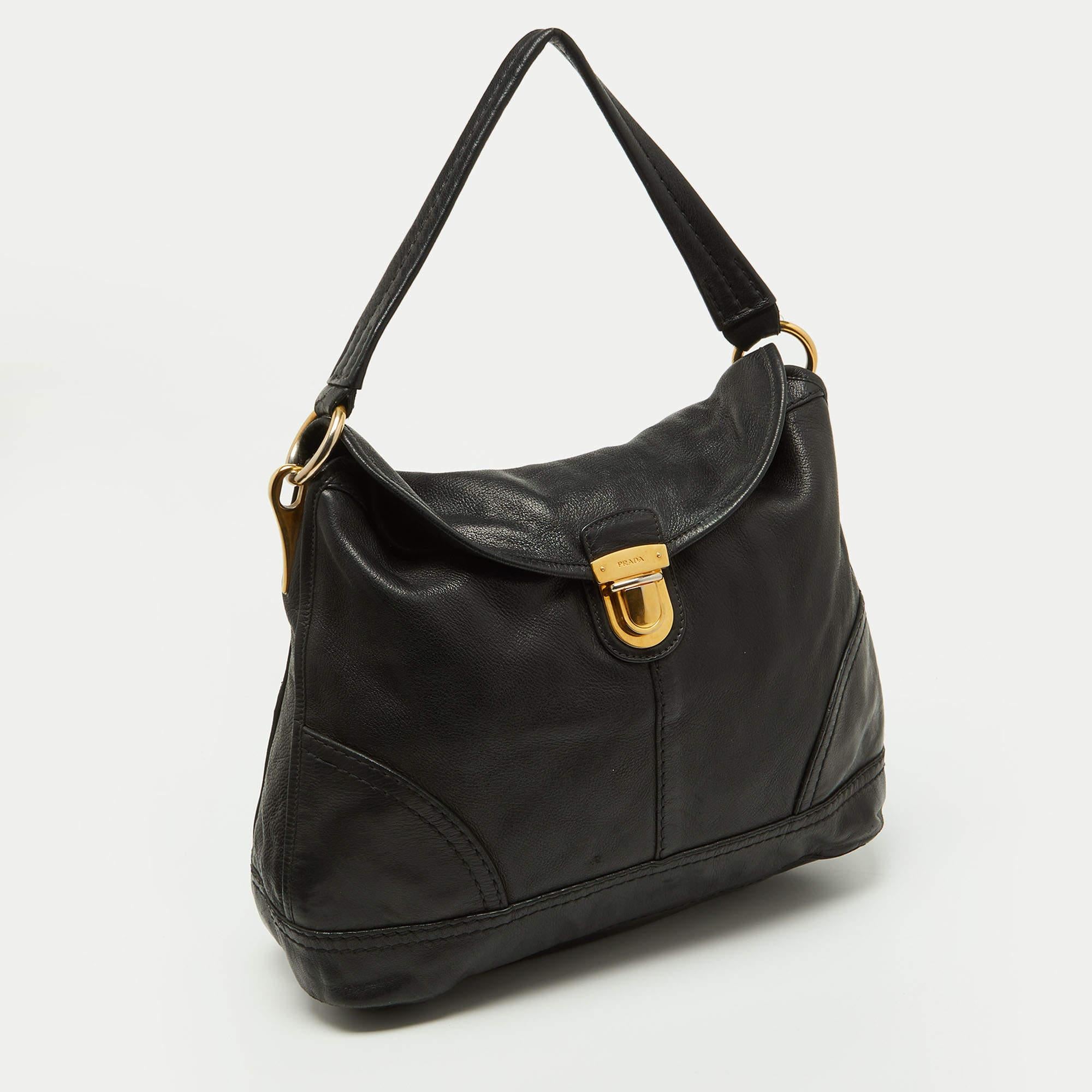 Prada Black Soft Leather Pushlock Flap Hobo 3
