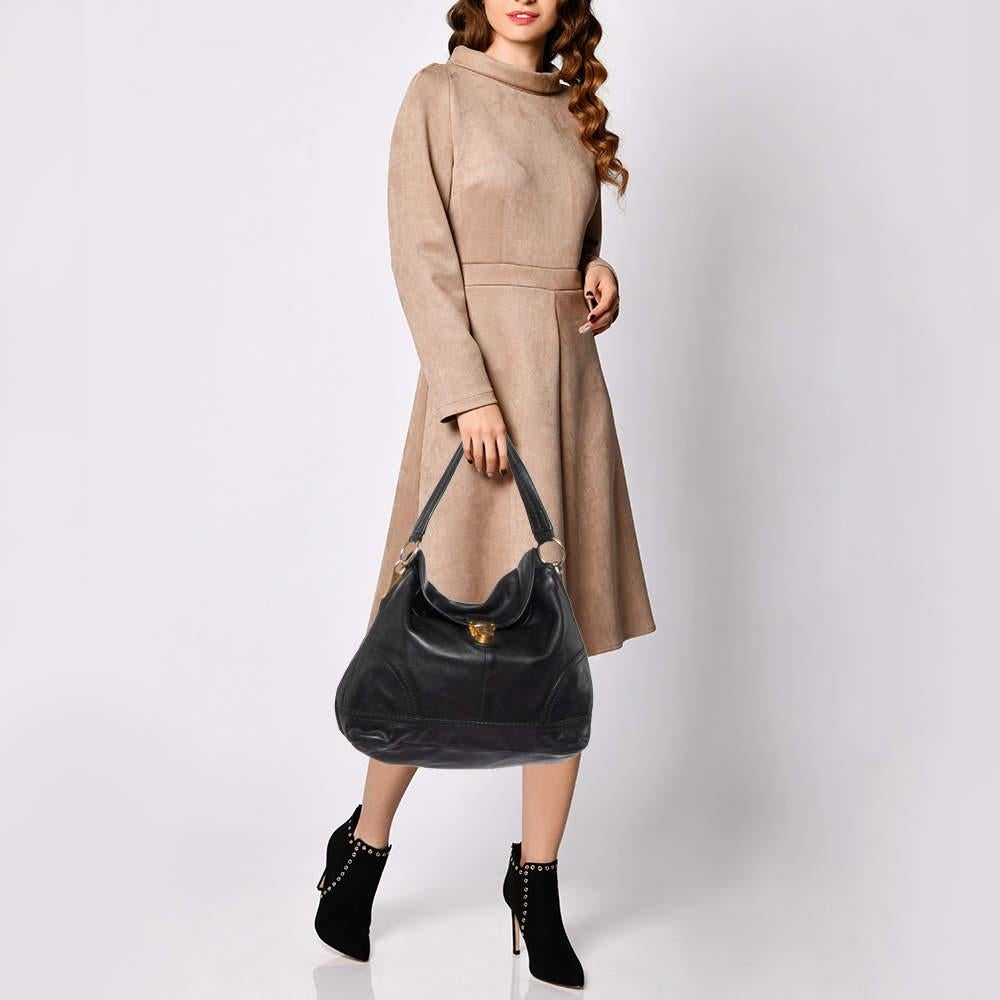 Prada Black Soft Leather Pushlock Flap Hobo 4