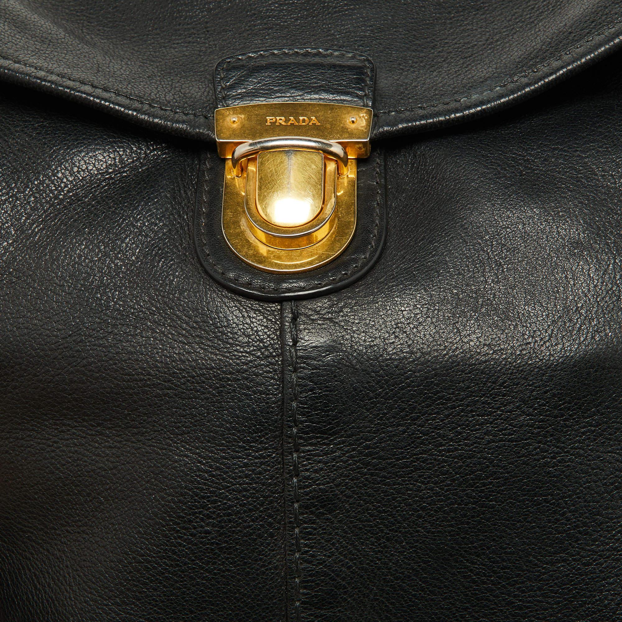 Prada Black Soft Leather Pushlock Flap Hobo For Sale 5