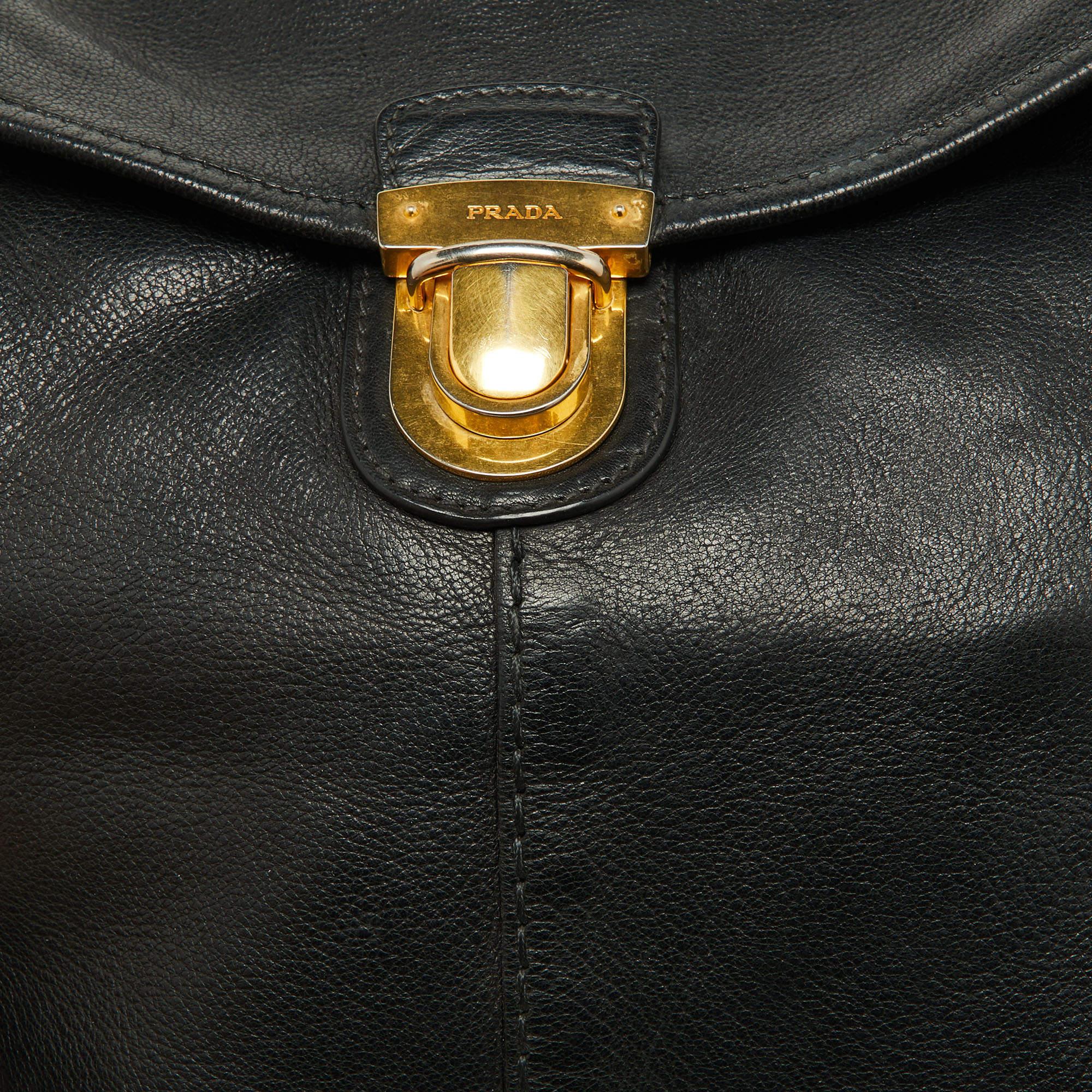 Prada Black Soft Leather Pushlock Flap Hobo 5