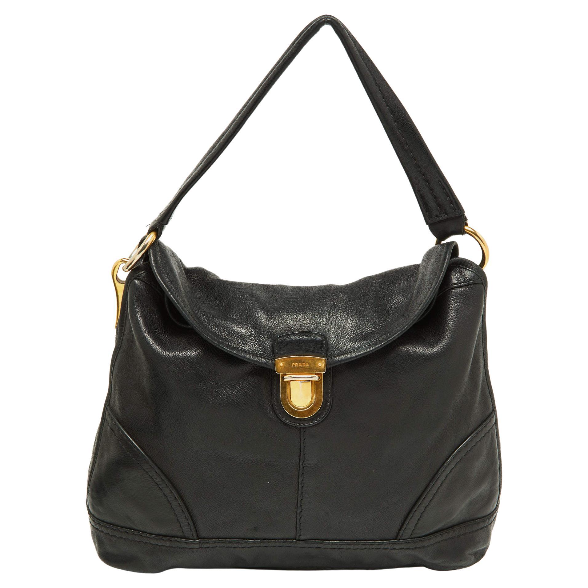 Prada Black Soft Leather Pushlock Flap Hobo For Sale