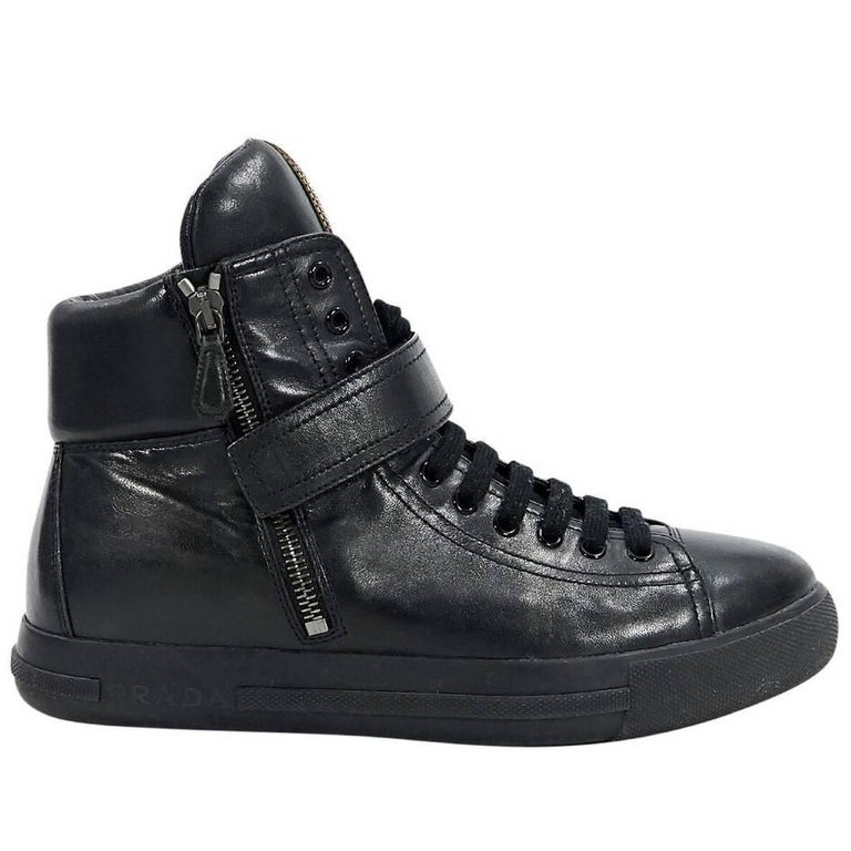 Prada Black Sport Leather High-Top Sneakers For Sale at 1stdibs