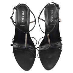 Prada Black Strappy Leather Kitten Heel Sandals with Logo Hardware, EU 37.5