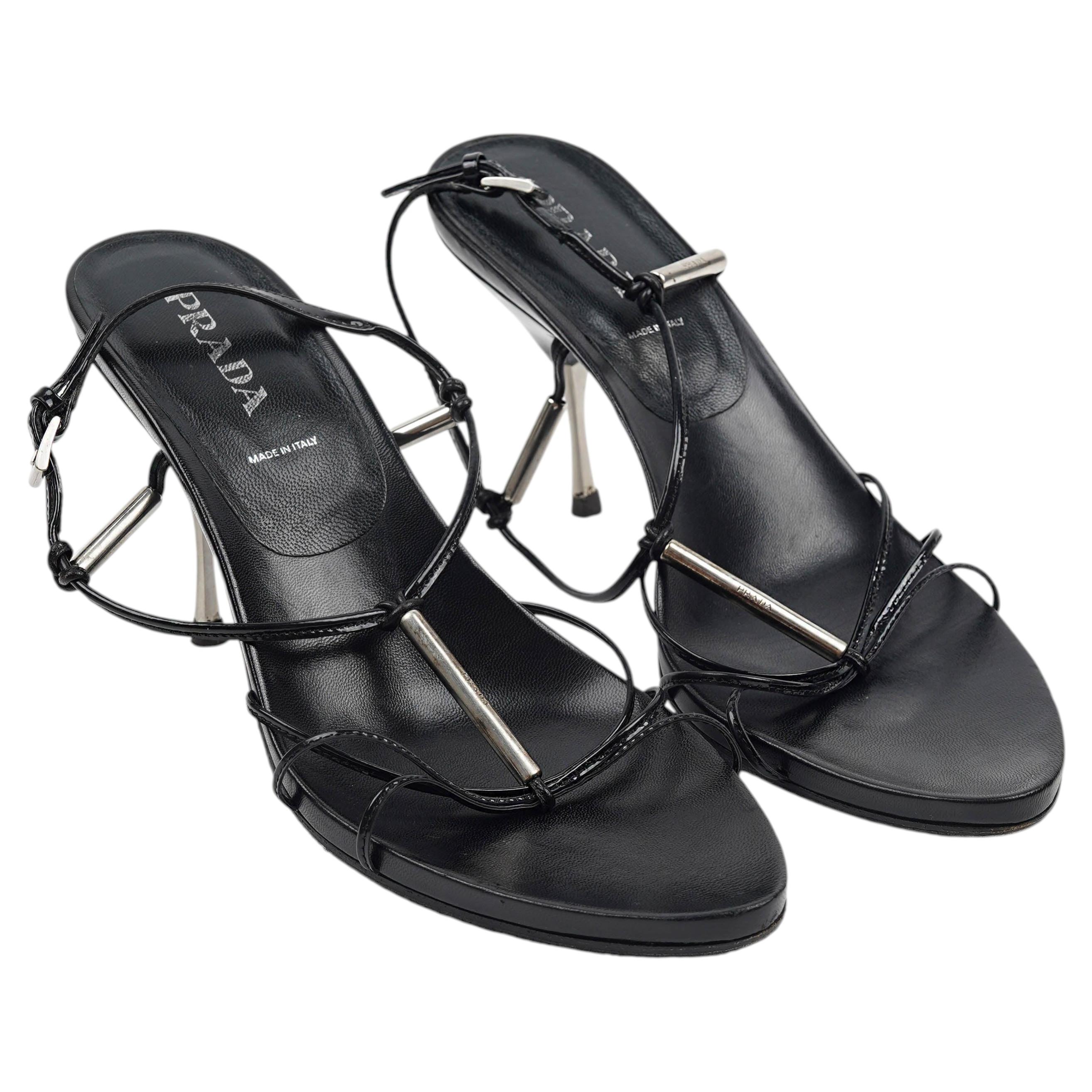 Prada Black Strappy Leather Kitten Heel Sandals with Logo Hardware, EU 37.5