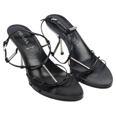 Prada Black Strappy Leather Kitten Heel Sandals with Logo Hardware, EU 37.5