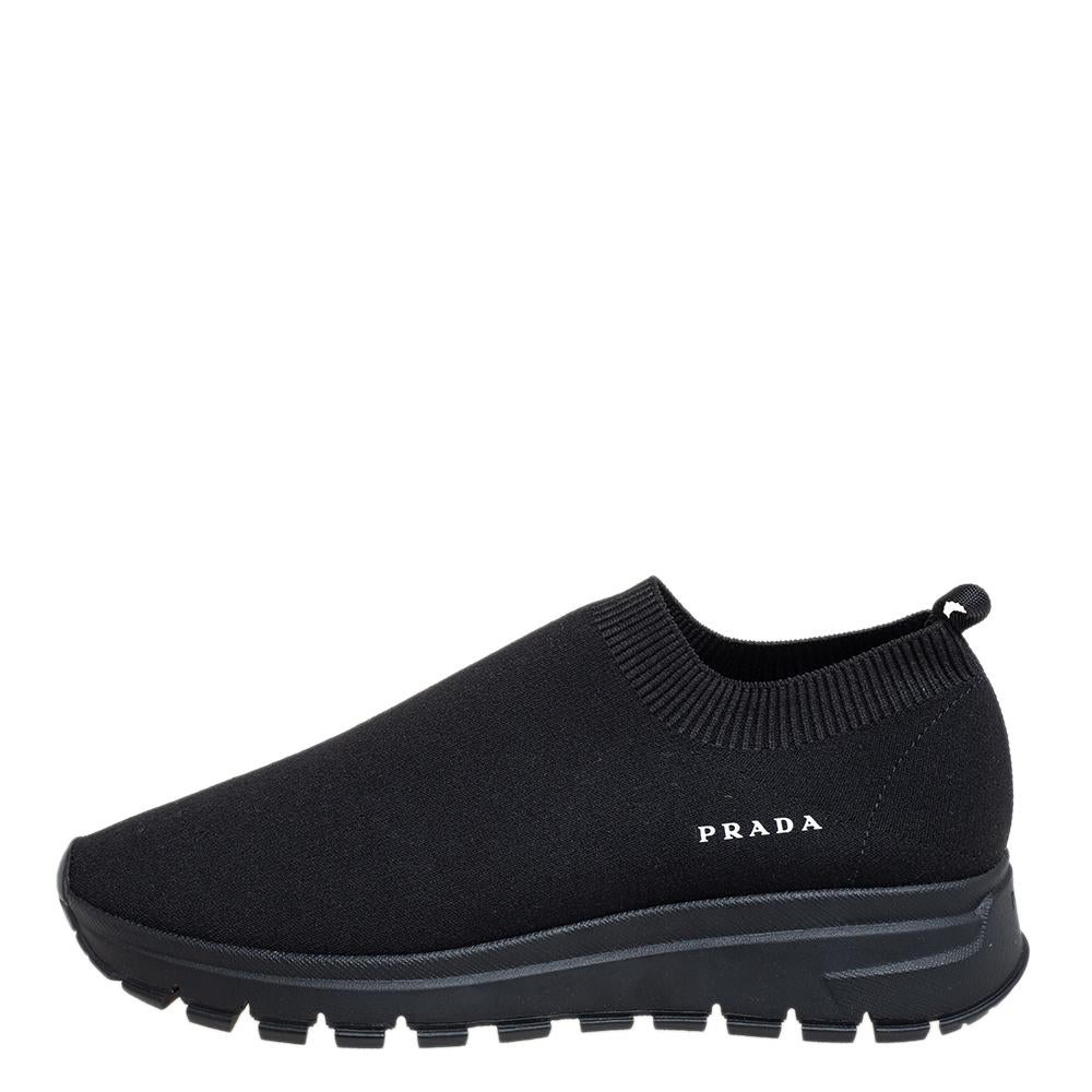 Designed in a sock-fit design, these Prada sneakers are simple yet stylish. They come crafted using stretch fabric and feature pull tabs, the brand detail on the uppers, and highly durable rubber soles. These low-top sneakers are just perfect to ace