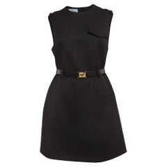 Prada Black Stretch Natté Tulle Sleeveless Belted Mini Dress M