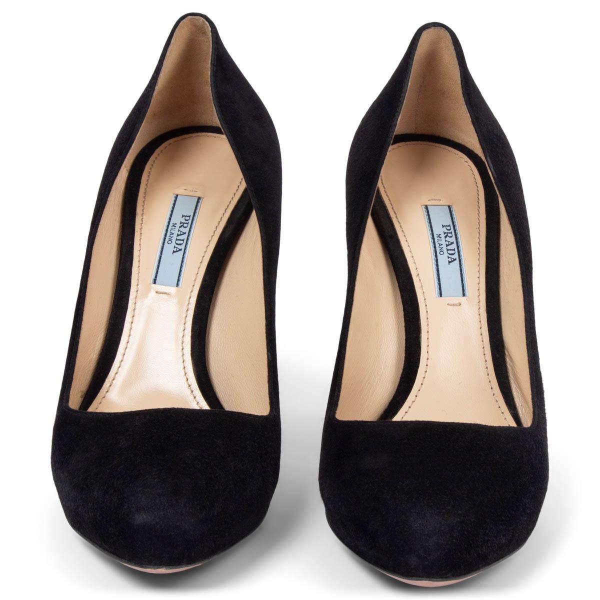100% authentic Prada almond-toe pumps in black suede with hidden platform. Have been worn and are in excellent condition. Come with dust bag. 

Measurements
Imprinted Size	39.5
Shoe Size	39.5
Inside Sole	26cm (10.1in)
Width	7.5cm (2.9in)
Heel	10cm