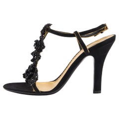 Prada Black Suede and Beaded Ankle Strap Sandals Size 37
