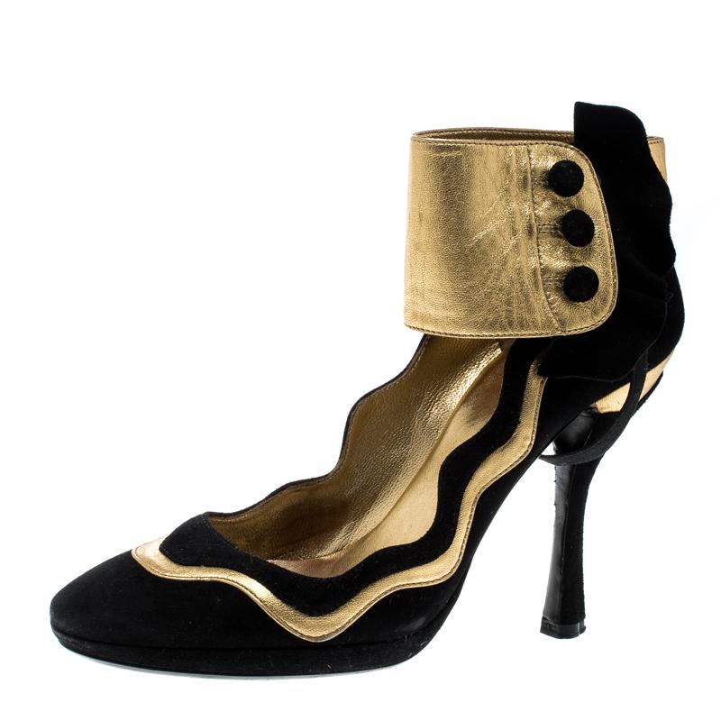 Prada Black Suede And Metallic Gold Leather Fairy Collection Ankle Cuff Pumps Si