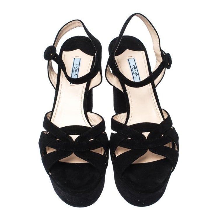 Prada Black Suede Ankle Strap Platform Block Heel Sandals Size 41 at ...