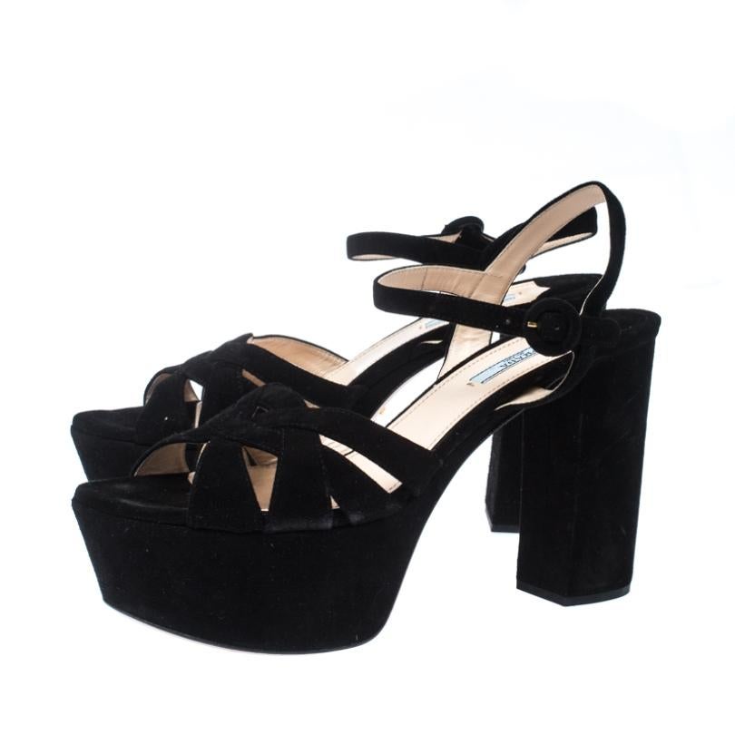Prada Black Suede Ankle Strap Platform Block Heel Sandals Size 41 1