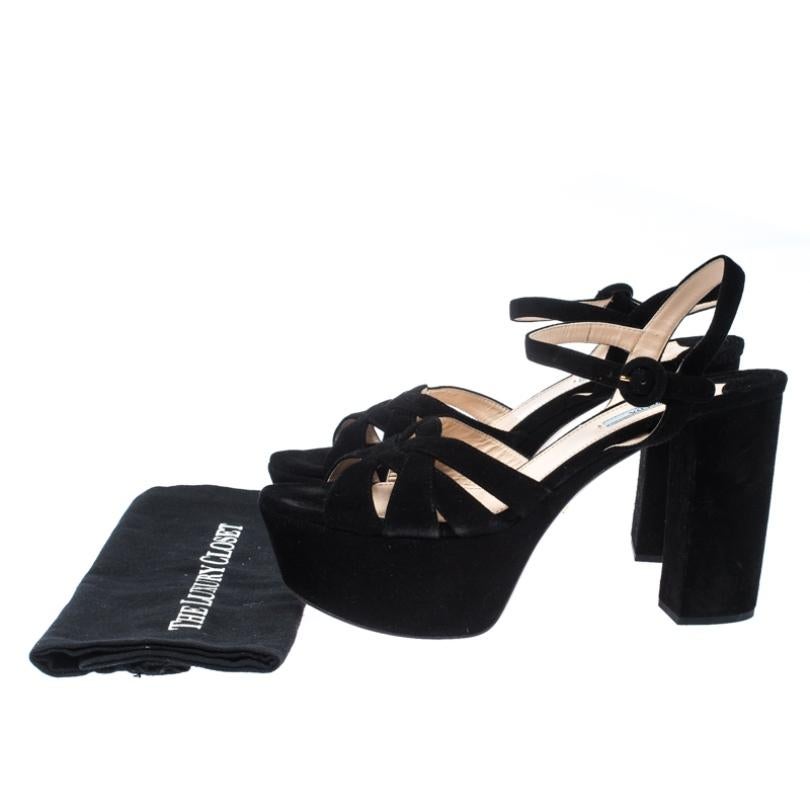 Prada Black Suede Ankle Strap Platform Block Heel Sandals Size 41 2