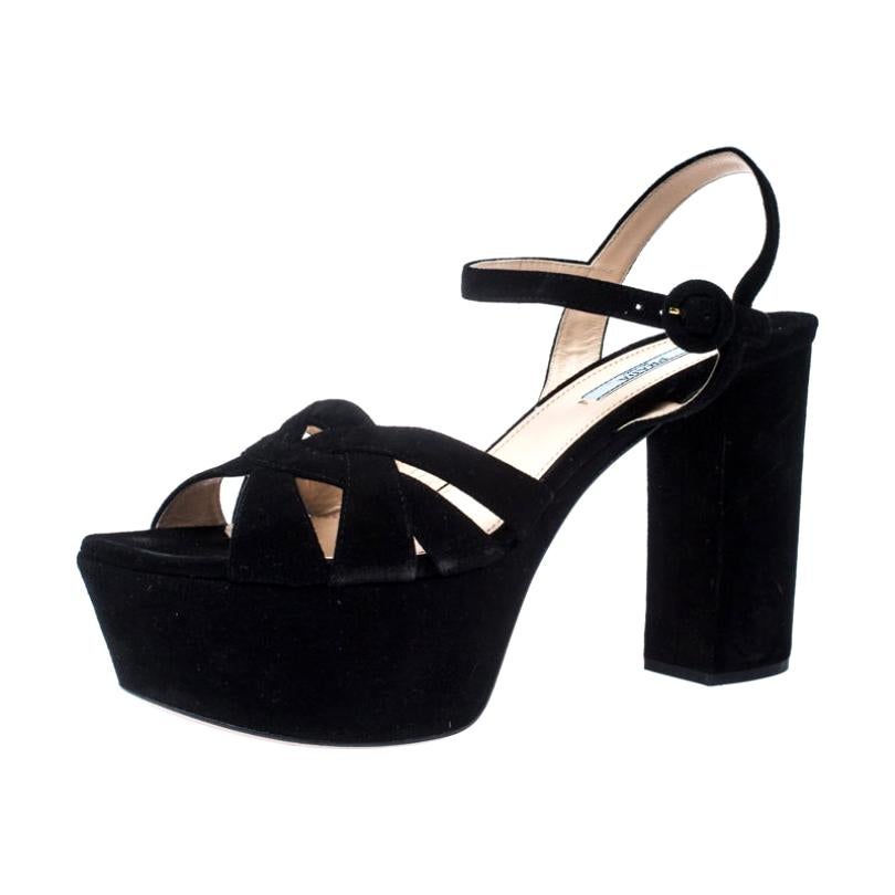 Prada Black Suede Ankle Strap Platform Block Heel Sandals Size 41