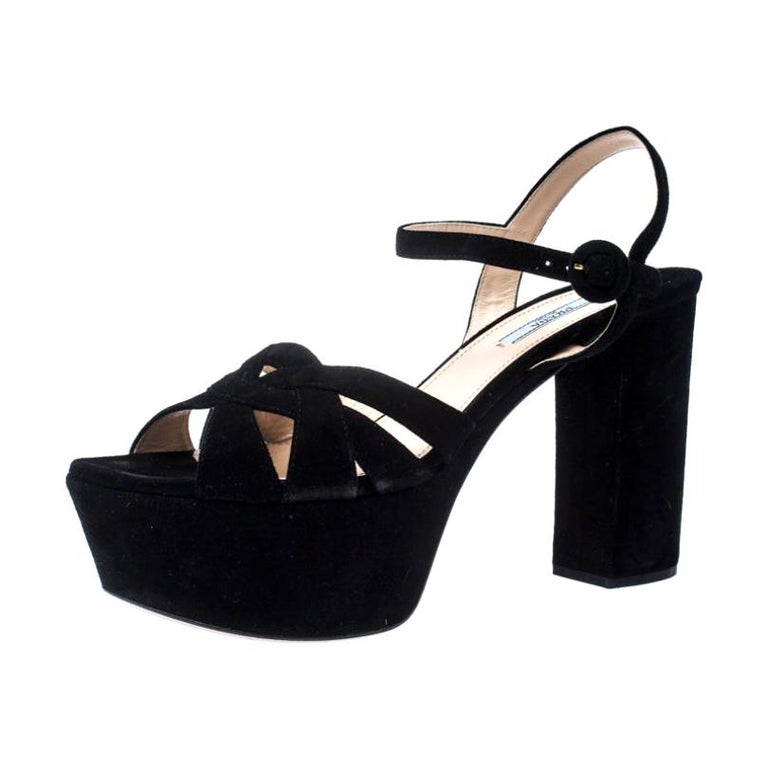 Prada Black Suede Ankle Strap Platform Block Heel Sandals Size 41 at 1stDibs