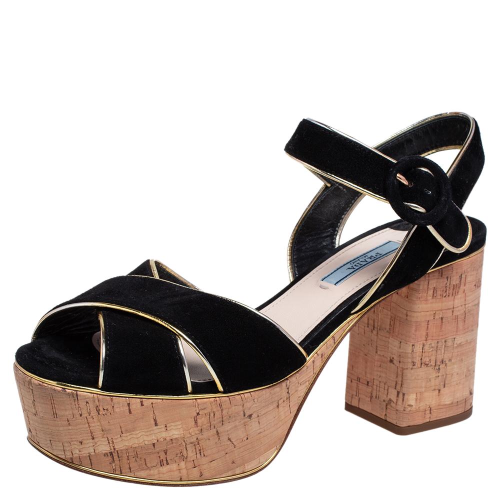 Prada Black Suede Ankle Strap Platform Sandals Size 38 2