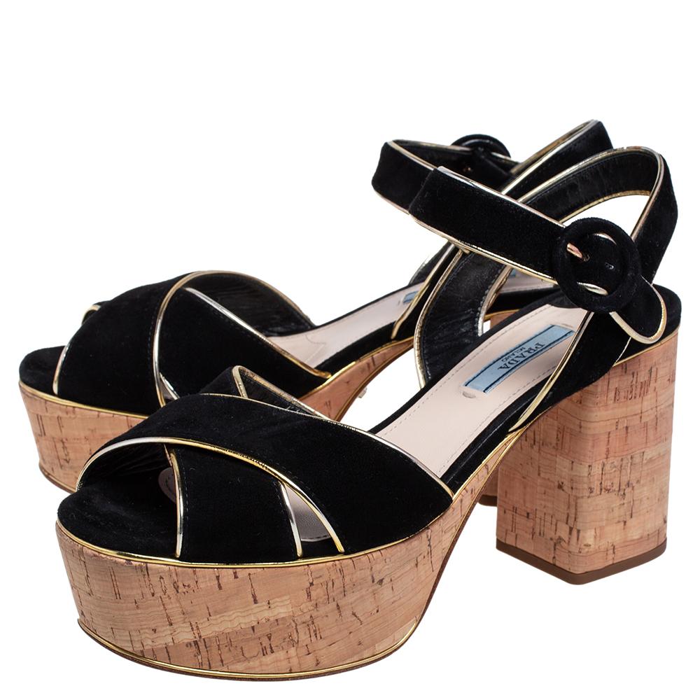 Prada Black Suede Ankle Strap Platform Sandals Size 38 3