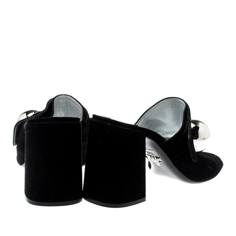 Prada Black Suede Button Detail Open Toe Mules Size 38.5 For Sale