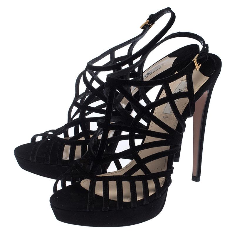 Women's Prada Black Suede Caged Ankle Strap Sandals Size 41