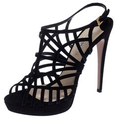 Prada Black Suede Caged Ankle Strap Sandals Size 41