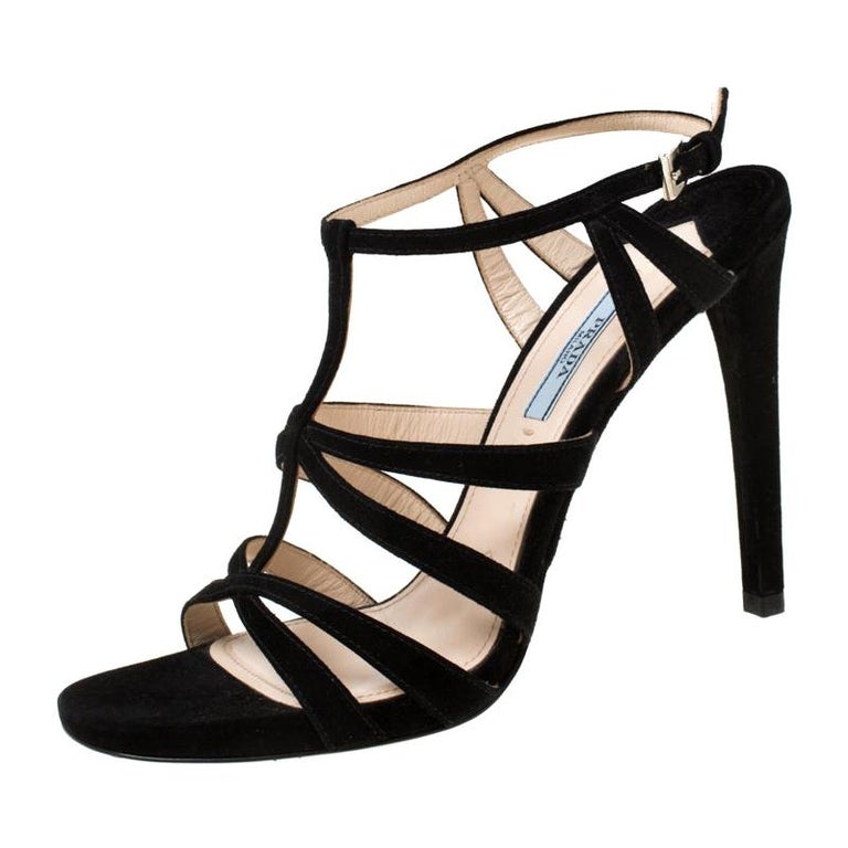 Prada Black Suede Cross T Strappy Sandals Size 39 For Sale at 1stDibs