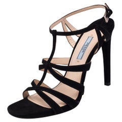 Prada Black Suede Cross T Strappy Sandals Size 39
