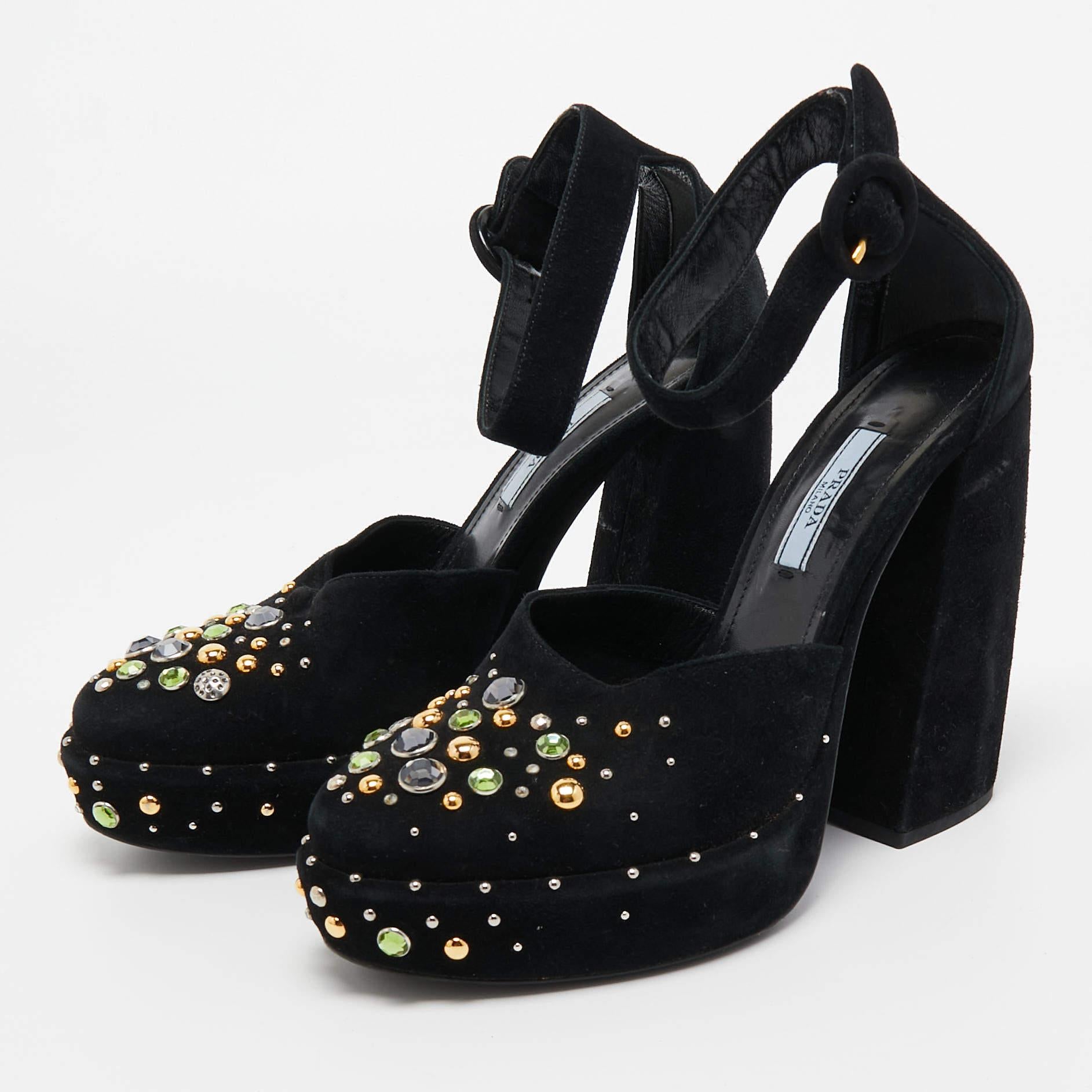 Prada Black Suede Crystal Embellished Ankle Strap Pumps Size 38.5 In Good Condition For Sale In Dubai, Al Qouz 2
