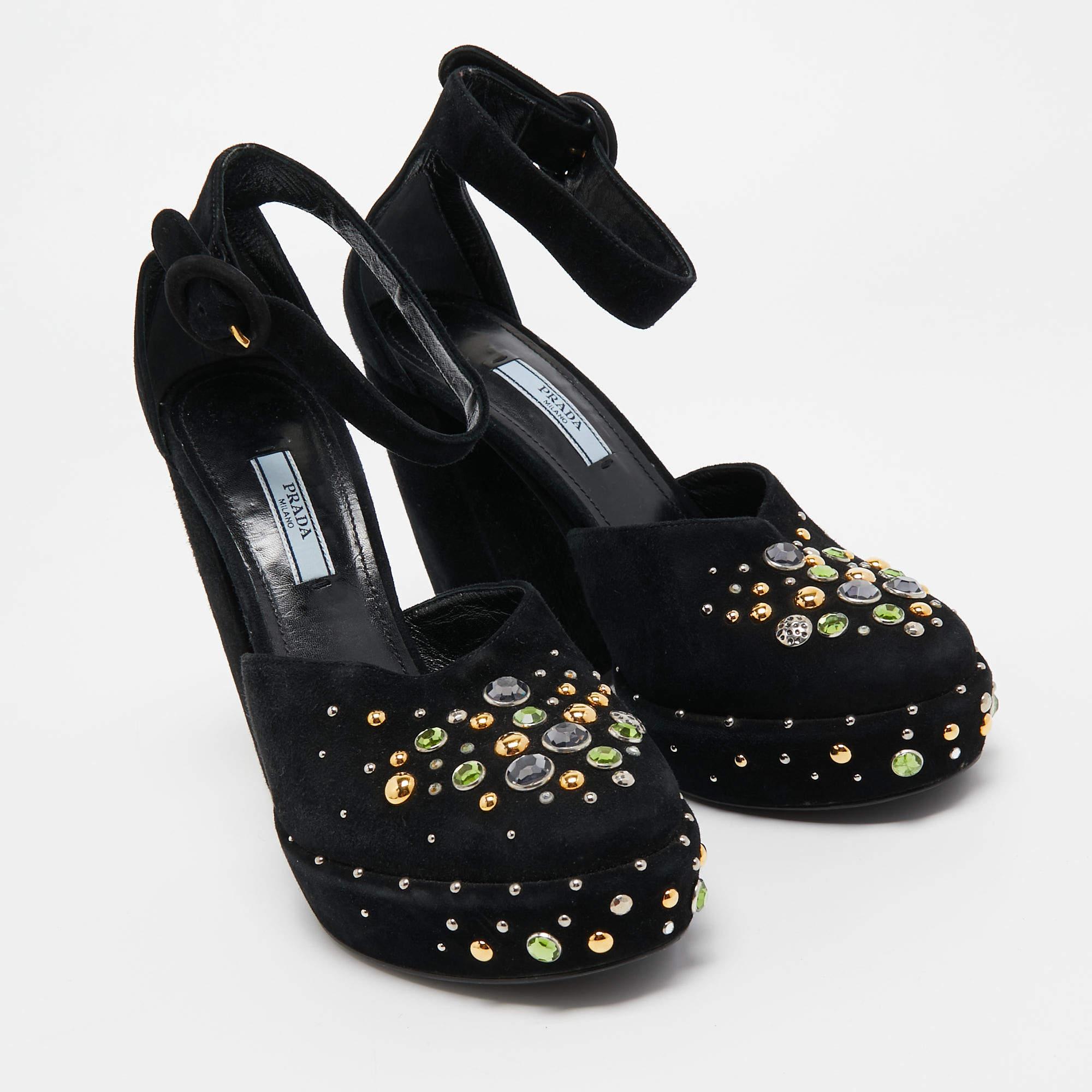 Women's Prada Black Suede Crystal Embellished Ankle Strap Pumps Size 38.5 For Sale