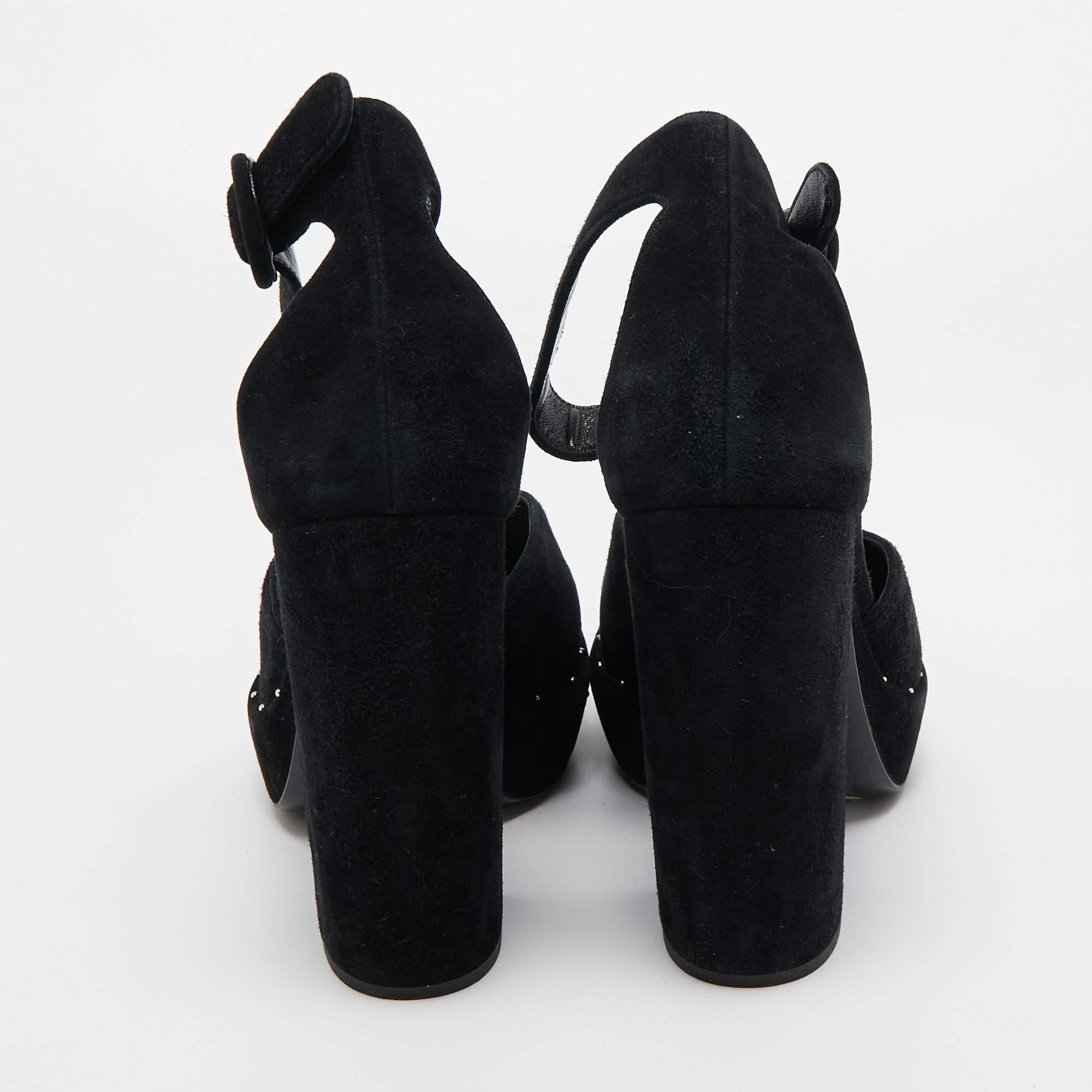 Prada Black Suede Crystal Embellished Ankle Strap Pumps Size 38.5 For Sale 3