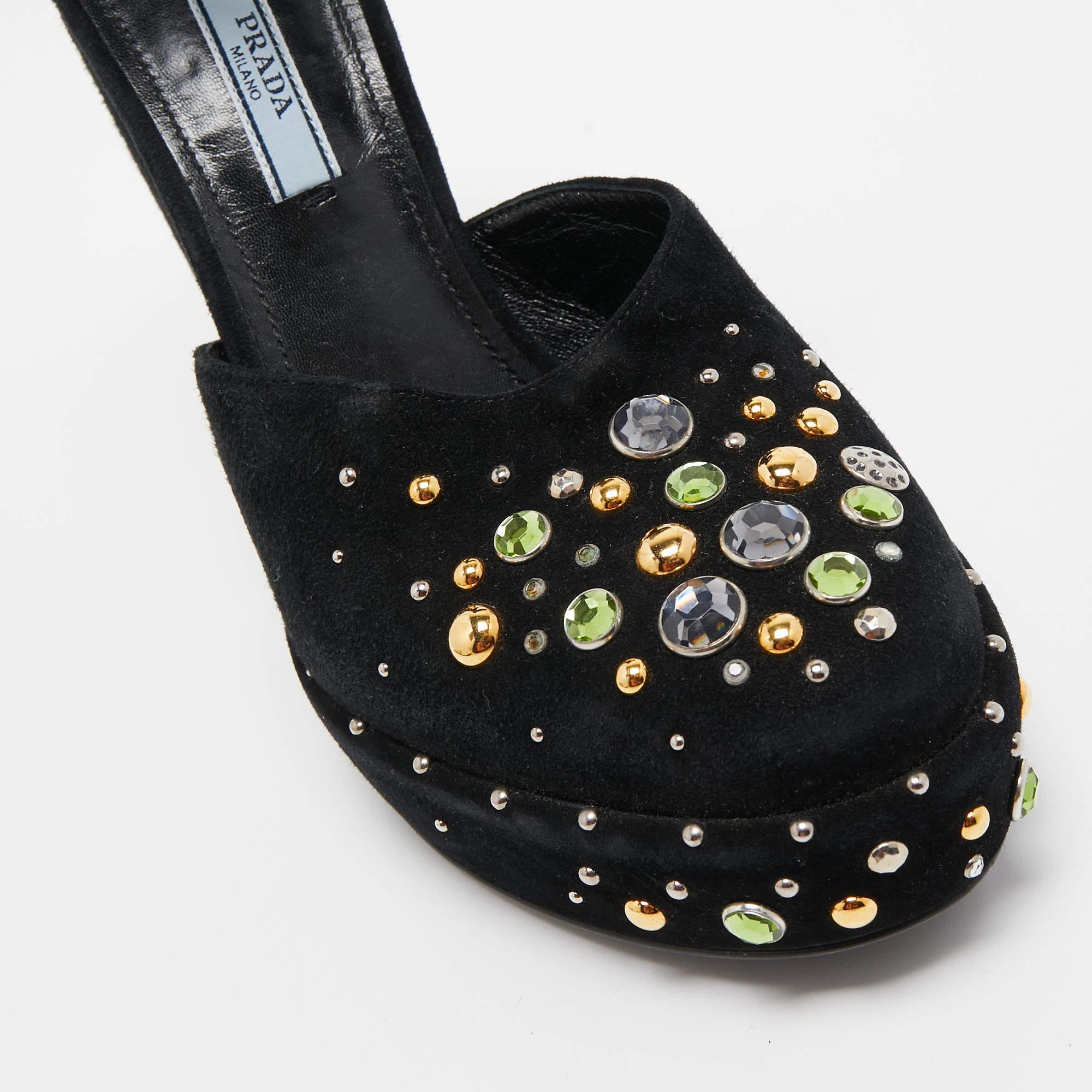Prada Black Suede Crystal Embellished Ankle Strap Pumps Size 38.5 For Sale 4