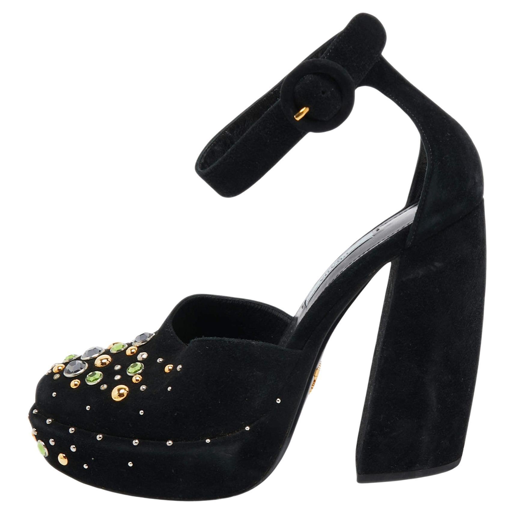 Prada Black Suede Crystal Embellished Ankle Strap Pumps Size 38.5 For Sale