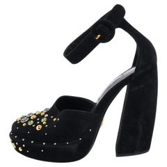 Used Prada Black Suede Crystal Embellished Ankle Strap Pumps Size 38.5