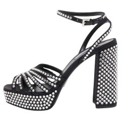 Prada Black Suede Crystal Embellished Ankle Strap Sandals Size 39