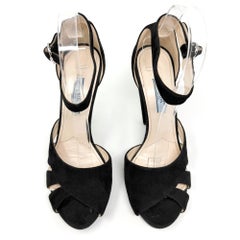 Prada Black Suede Crystal Heel Sandals Ankle Strap Size 38