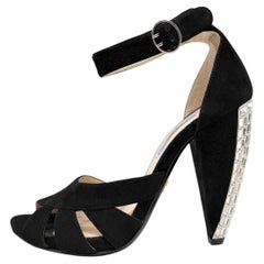 Prada Black Suede Crystal Heel Sandals Ankle Strap Size 38