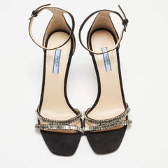Prada Black Suede Crystals Embellished Ankle Strap Sandals