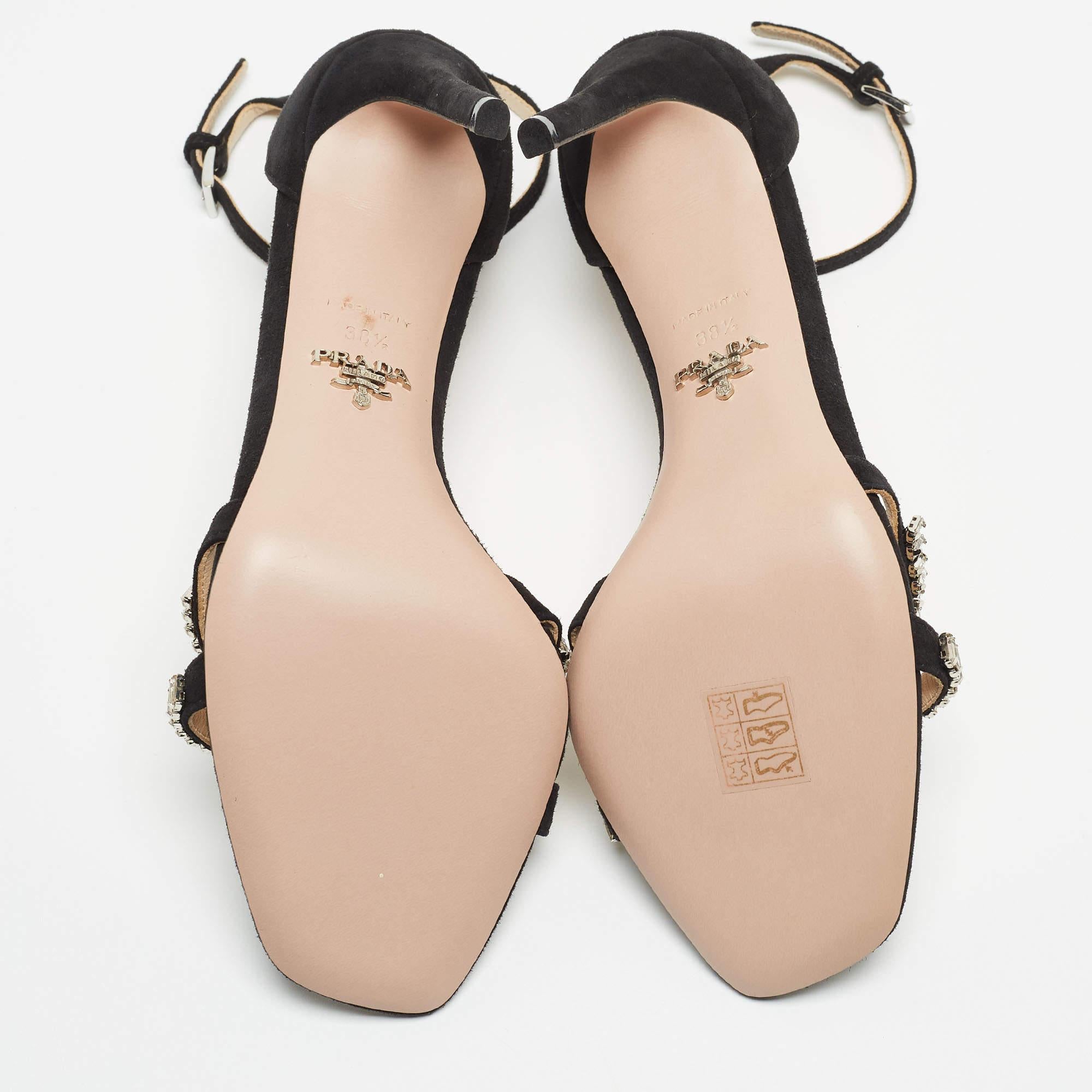 Prada Black Suede Crystals Embellished Ankle Strap Sandals 2