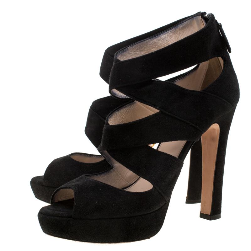 Women's Prada Black Suede Cut Out Open Toe Platform Sandals Size 38