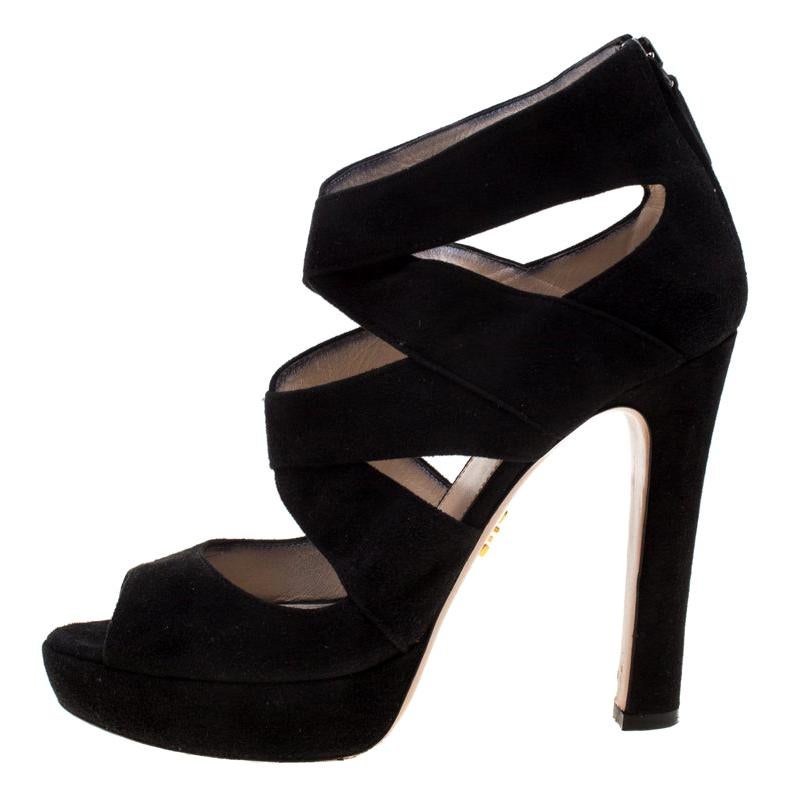 Prada Black Suede Cut Out Open Toe Platform Sandals Size 38