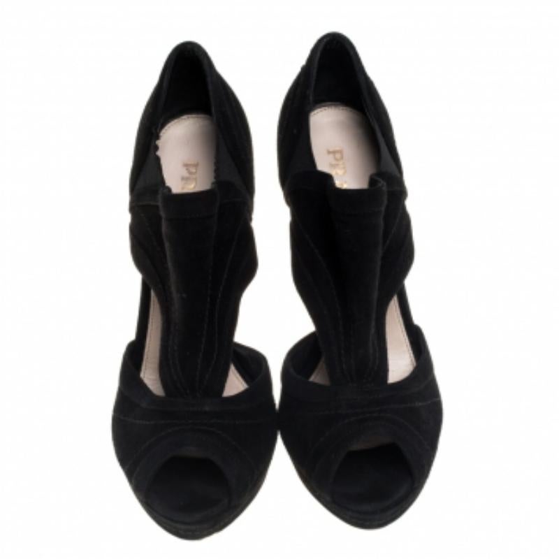 Prada Black Suede Cutout Peep Toe Booties Size 37.5 For Sale 2