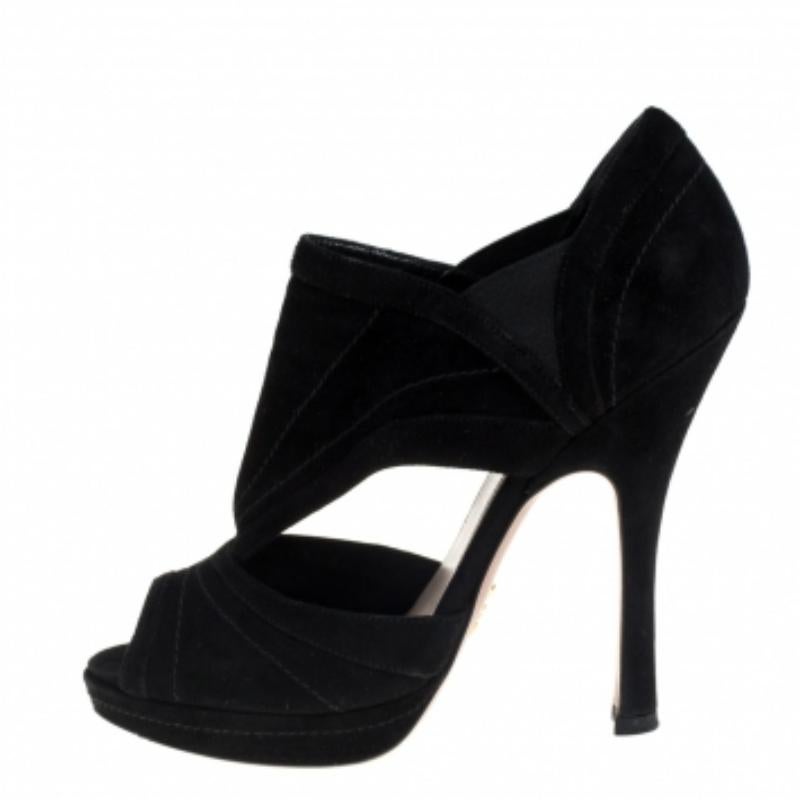 Prada Black Suede Cutout Peep Toe Booties Size 37.5 For Sale