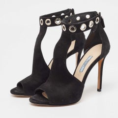 Prada Black Suede Eyelet Detail T-Bar Ankle Strap Sandals Size 36