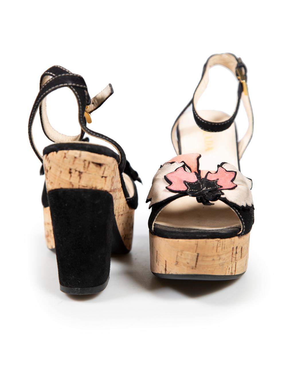 Prada Black Suede Flower Applique Cork Sandals Size IT 36 In Good Condition For Sale In London, GB