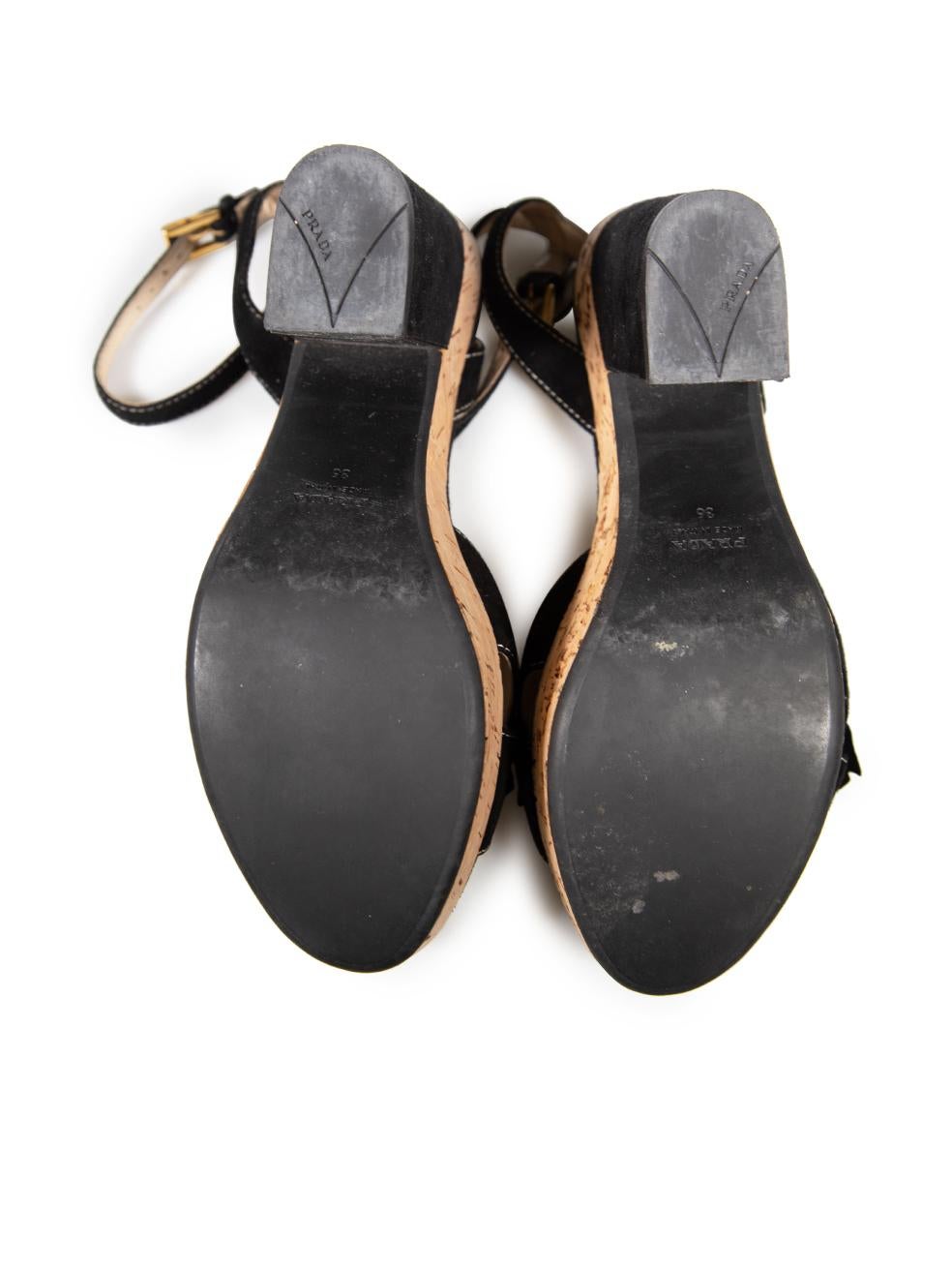 Women's Prada Black Suede Flower Applique Cork Sandals Size IT 36 For Sale