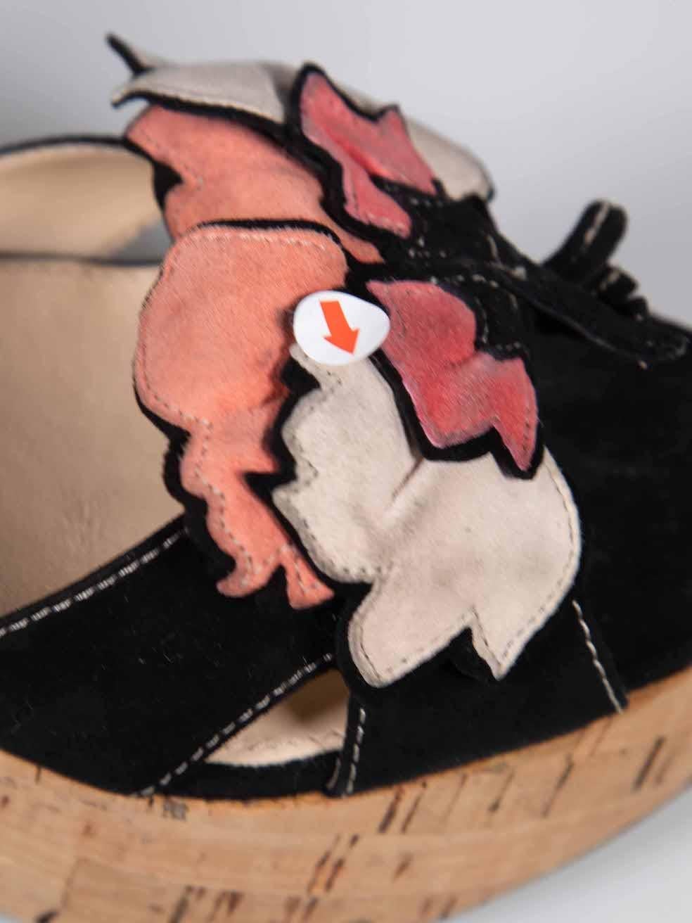 Prada Black Suede Flower Applique Cork Sandals Size IT 36 For Sale 2