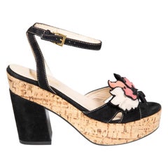 Prada Black Suede Flower Applique Cork Sandals Size IT 36