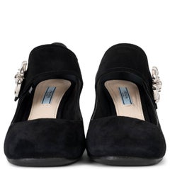 PRADA black suede FLOWER EMBELLISHED MARY JANE Pumps Shoes 39